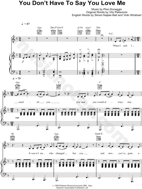 Dusty Springfield You Don T Have To Say You Love Me Sheet Music In D Minor Transposable Download Print Sku Mn