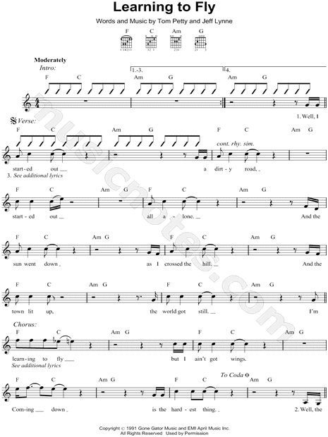 Tom Petty "Learning To Fly" Sheet Music (Leadsheet) in C ...