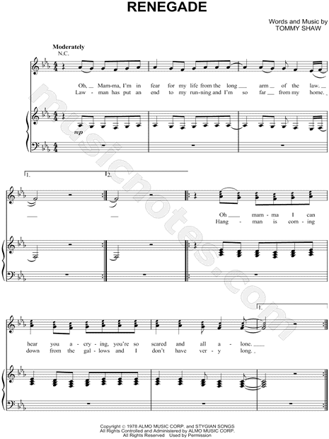 Print and download Renegade sheet music by Styx. 