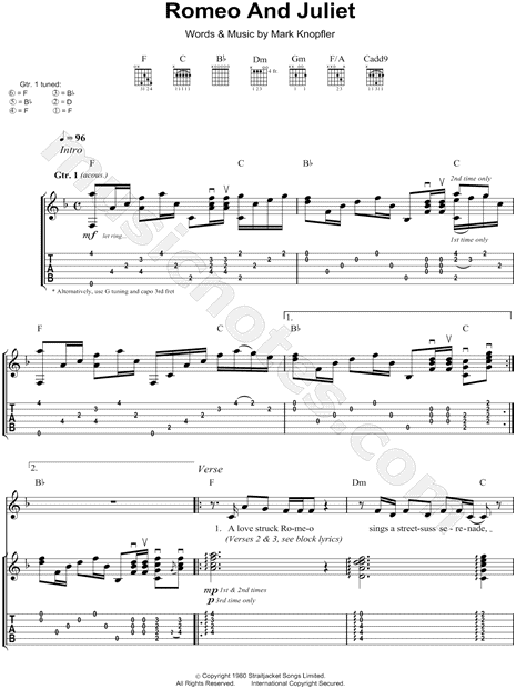 Dire Straits "Romeo and Juliet" Guitar in F Major - Download & Print - SKU: MN0087039