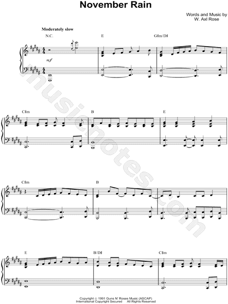 Guns N Roses November Rain Sheet Music In B Major Transposable Download Print Sku Mn