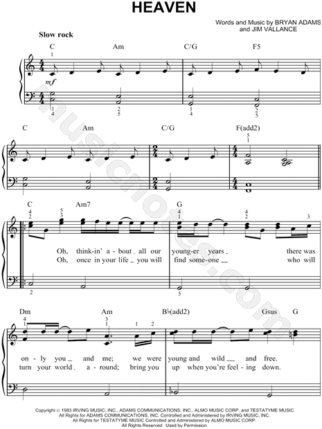 Inmunidad alma prisión Bryan Adams "Heaven" Sheet Music (Easy Piano) in C Major (transposable) -  Download & Print - SKU: MN0087380