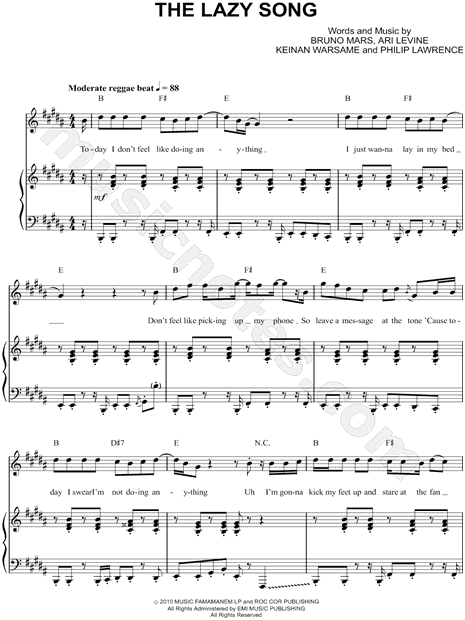 Bruno Mars "The Lazy Song" Sheet Music in B Major 