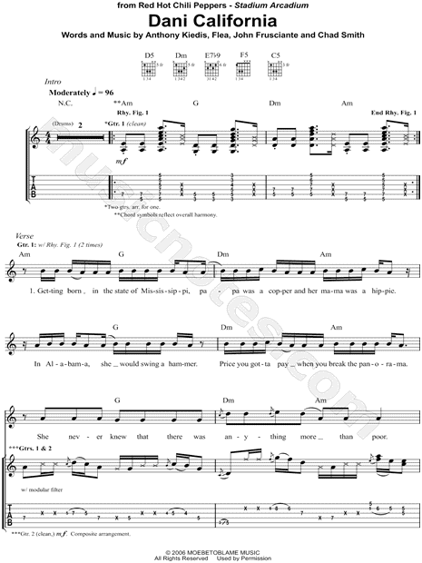 Red Hot Chili Peppers Dani California Guitar Tab In A Minor Download Print Sku Mn