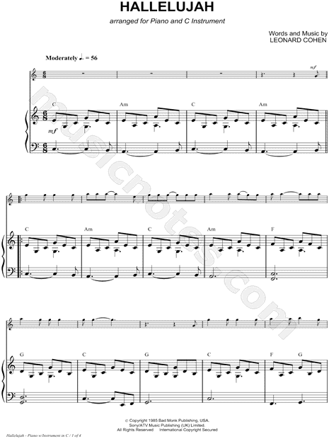 Leonard Cohen Hallelujah Piano Accompaniment Sheet Music In C Major Transposable Download Print Sku Mn