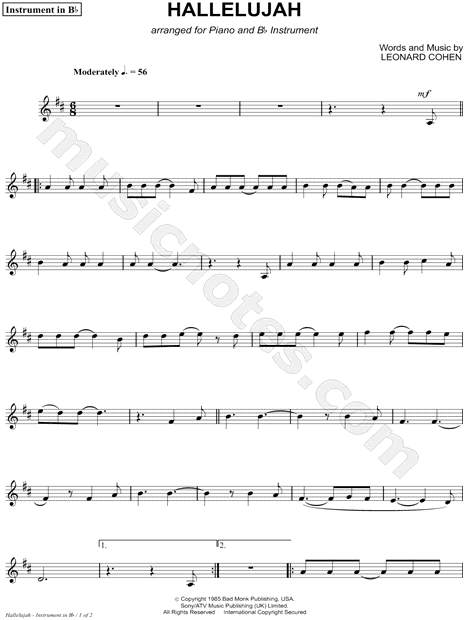 Leonard Cohen "Hallelujah - Bb Instrument" Sheet Music (Trumpet