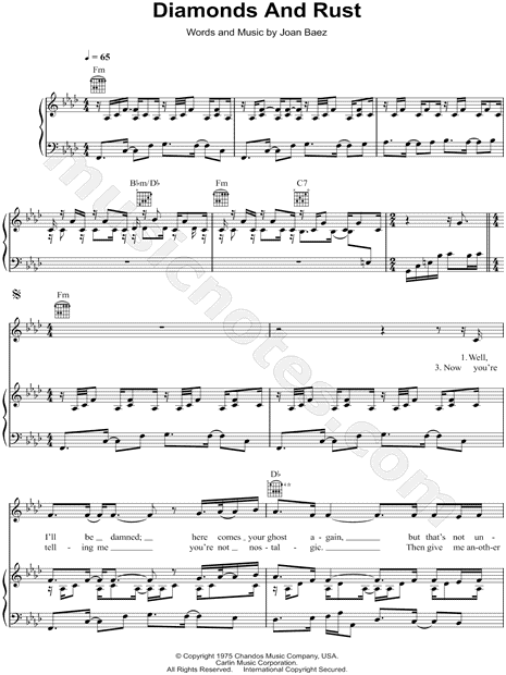 Joan Baez "Diamonds and Rust" Sheet Music in F Minor (transposable