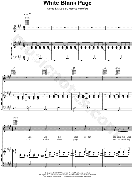Facilities junk Thunderstorm Mumford & Sons "White Blank Page" Sheet Music in F# Minor (transposable) -  Download & Print - SKU: MN0088953
