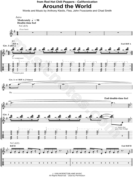 Print and download Red Hot Chili Peppers Around the World Guitar TAB. 
