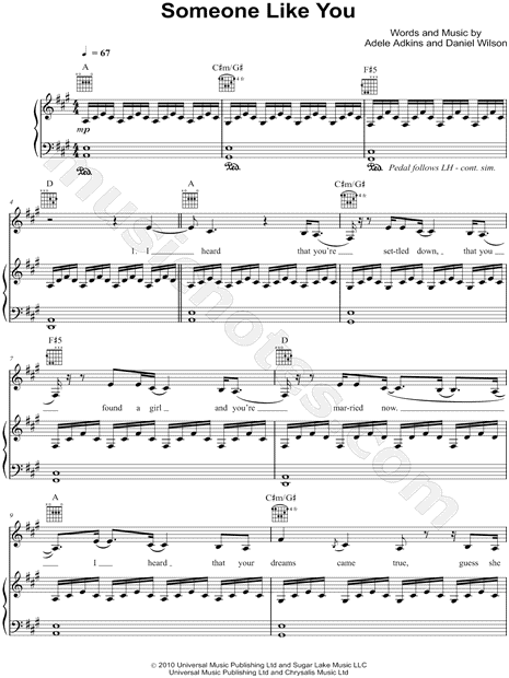 Adele Someone Like You Sheet Music In A Major