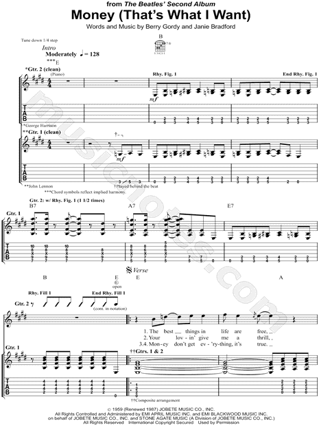 The Beatles "Money" Guitar Tab in E Major - Download & Print - SKU: MN0090356