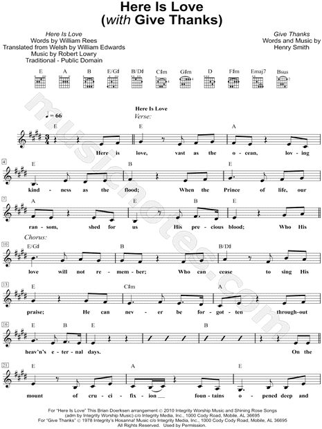 Brian Doerksen "Here Is Love (with Give Thanks)" Sheet Music (Leadsheet) in E Major ...