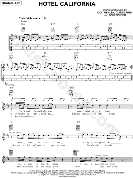 The Eagles "Hotel California" Ukulele Tab in B Minor ...