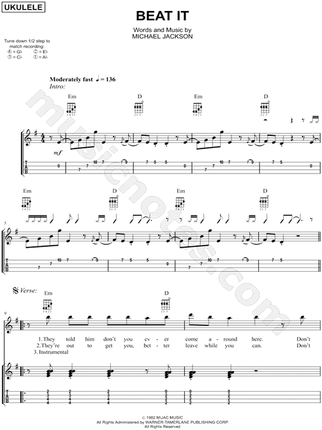 Michael Jackson "Beat It" Ukulele Tab in E Minor - Download & Print - MN0091371