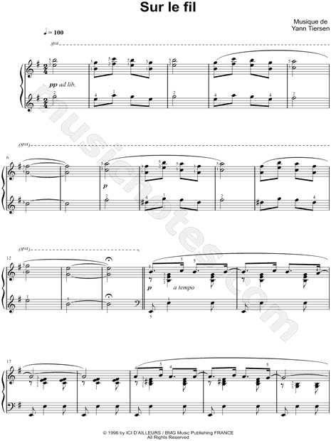 Yann Tiersen Sur Le Fil Sheet Music Piano Solo In E Minor Transposable Download Print Sku Mn0091416 This is not me playing piano. eur