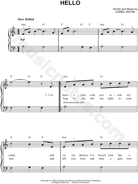Lionel Richie "Hello" Sheet Music (Easy Piano) in A Minor ...