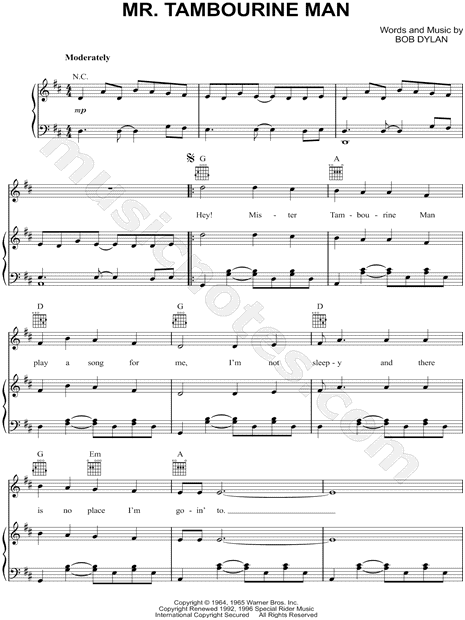 Bob Dylan Mr Tambourine Man Sheet Music In D Major Transposable Download Print Sku Mn