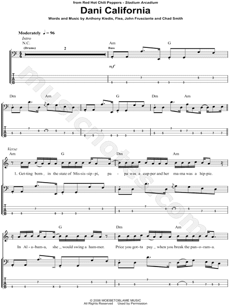 Print and download Red Hot Chili Peppers Dani California Bass TAB. 