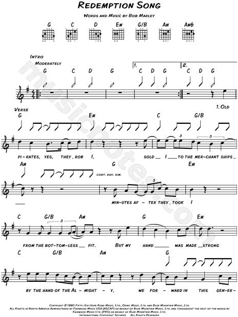 Bob Marley Redemption Song Sheet Music Leadsheet In G Major Download Print Sku Mn