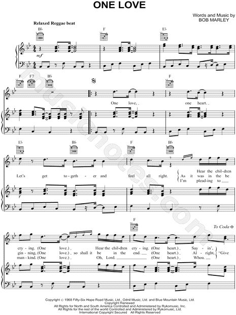 Bob Marley "One Love" Sheet Music in Bb Major 