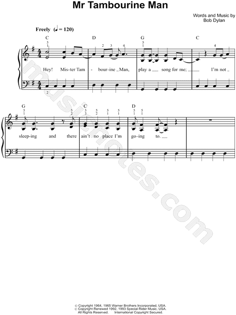 Bob Dylan Mr Tambourine Man Sheet Music Easy Piano In G Major Transposable Download Print Sku Mn