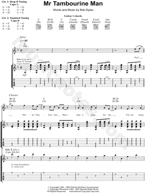 Bob Dylan Mr Tambourine Man Guitar Tab In F Major Download Print Sku Mn