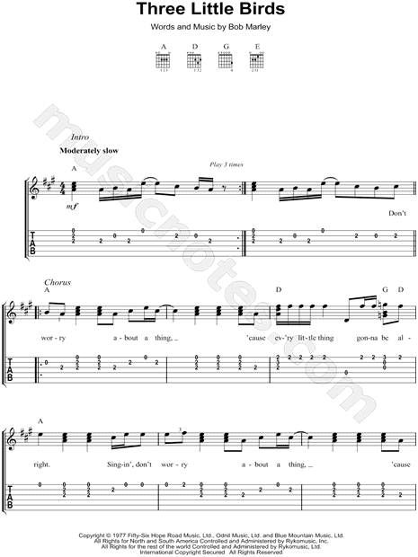 Bob Marley The Wailers Three Little Birds Guitar Tab In A Major Download Print Sku Mn