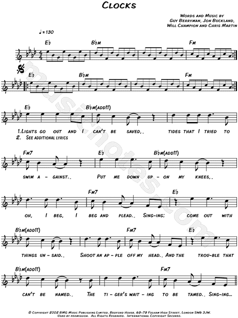 Coldplay Clocks Sheet Music Leadsheet In Ab Major Transposable Download Print Sku Mn