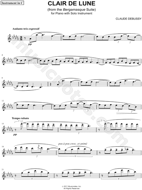 Claude Debussy Clair De Lune Flute Violin Solo Sheet Music Flute Solo In Db Major Download Print Sku Mn