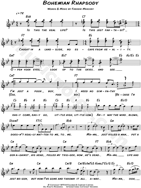 Queen quot;Bohemian Rhapsodyquot; Sheet Music Leadsheet in Bb Major transposable  Download  Print 