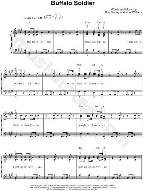 Marley & the Wailers "Buffalo Soldier" Sheet Music (Easy Piano) in A Major Download & - SKU: MN0095522
