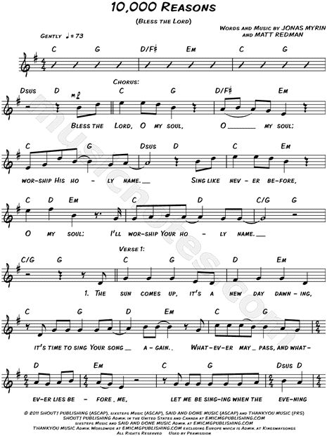 Matt Redman 10000 Reasons Chord Chart