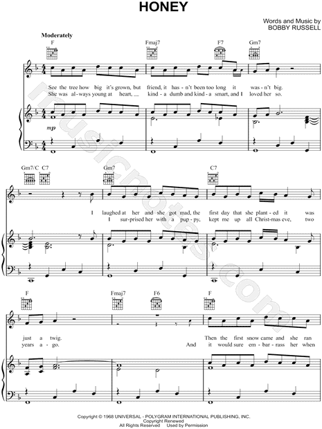 Bobby Goldsboro Honey Sheet Music In F Major Transposable Download Print Sku Mn