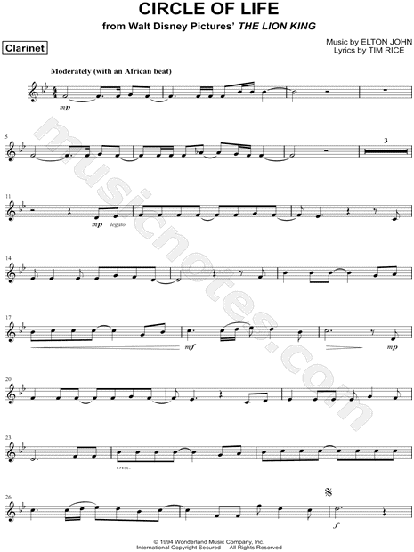 "Circle of Life - Clarinet" from 'The Lion King' Sheet 