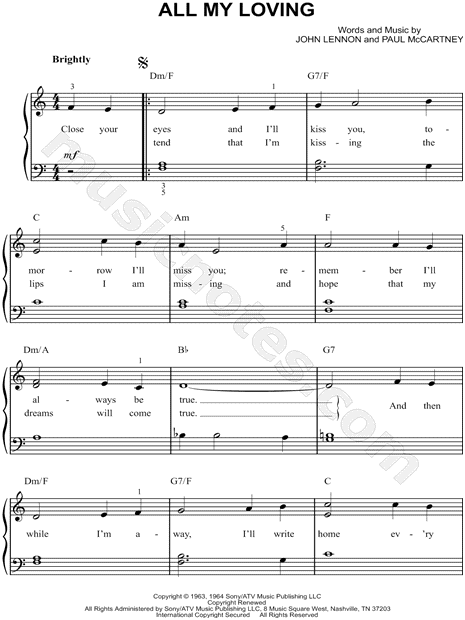 The Beatles "All My Loving" Sheet Music (Easy Piano) in A Minor