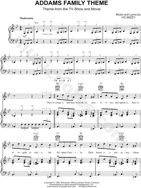 Cordelia transportar Walter Cunningham Vic Mizzy "The Addams Family Theme" Sheet Music in Bb Major (transposable)  - Download & Print - SKU: MN0097341