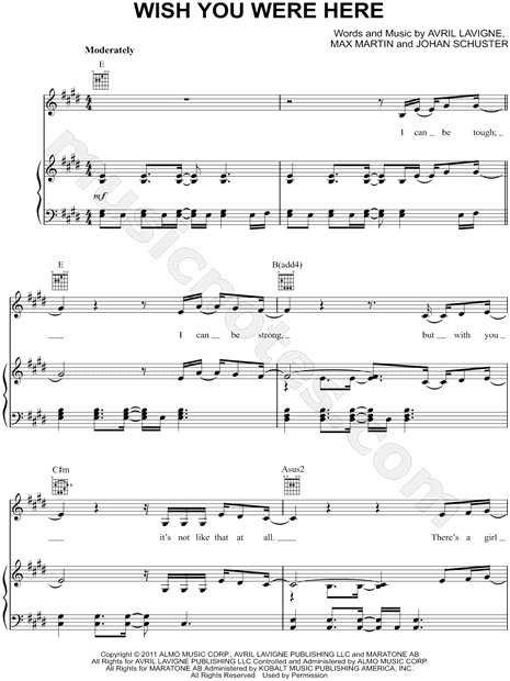 Avril Lavigne Wish You Were Here Sheet Music In E Major Transposable Download Print Sku Mn