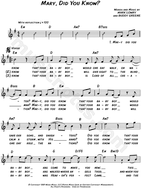 Mark Lowry "Mary, Did You Know?" Sheet Music (Leadsheet) in E Minor (transposable) - Download ...