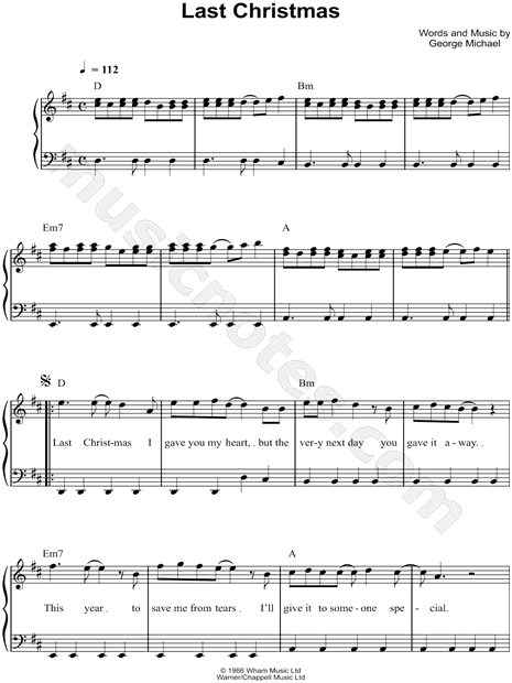 Wham Last Christmas Sheet Music Easy Piano In D Major Transposable Download Print Sku Mn0097873