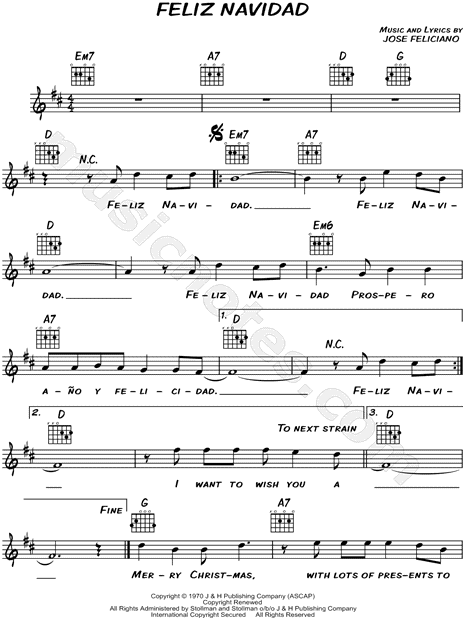 Feliz Navidad Chord Chart