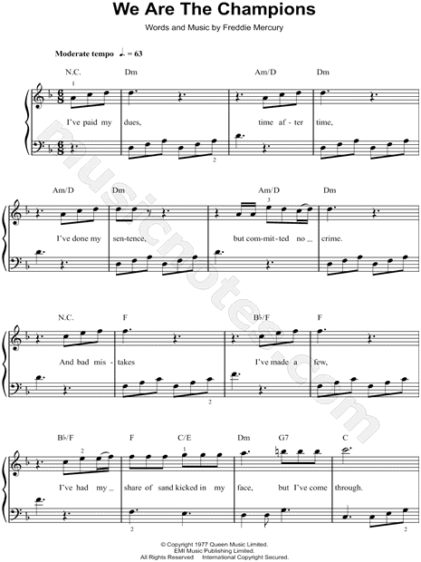 Queen "We the Champions" Sheet Music (Easy Piano) D Minor (transposable) - Download & Print SKU: MN0099015