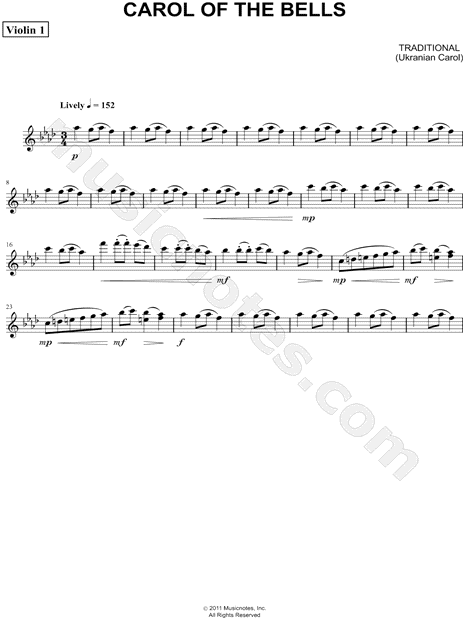 Ukrainian Carol "Carol of the Bells - Violin 1 (String Quartet)" Sheet Music in F Minor ...