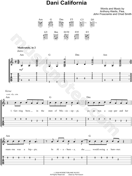 Red Hot Chili Peppers Dani California Guitar Tab In A Minor Download Print Sku Mn