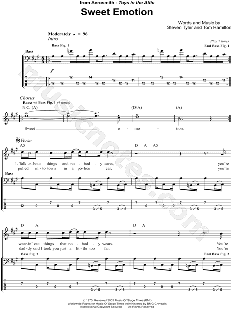 Aerosmith Sweet Emotion Bass Tab In A Major Download Print