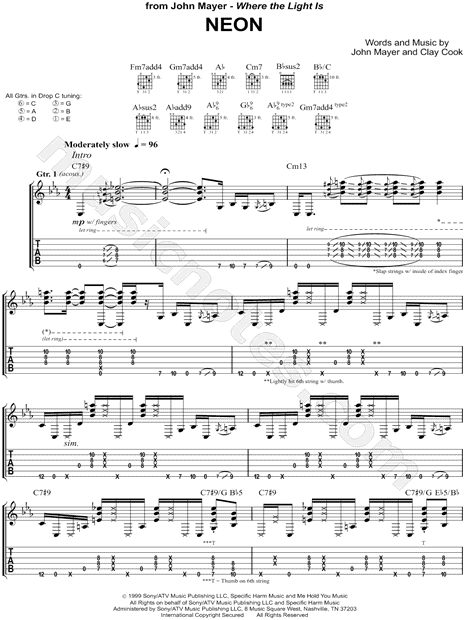Print and download John Mayer Neon Guitar TAB Transcription. 