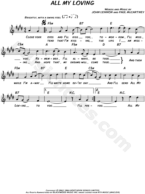 The Beatles All My Loving Sheet Music Leadsheet In E Major Transposable Download Print Sku Mn
