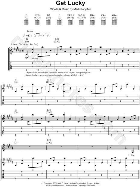 Mark Knopfler "Get Lucky" Guitar Tab in B Major - Download & - SKU: MN0100811