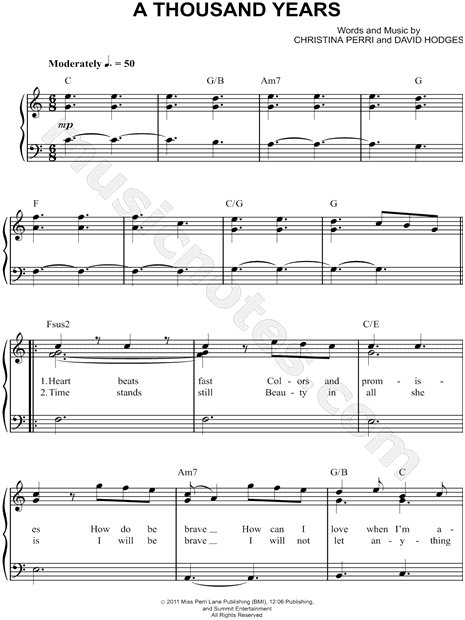Suplemento Melodramático período Christina Perri "A Thousand Years" Sheet Music (Easy Piano) in C Major  (transposable) - Download & Print - SKU: MN0101019