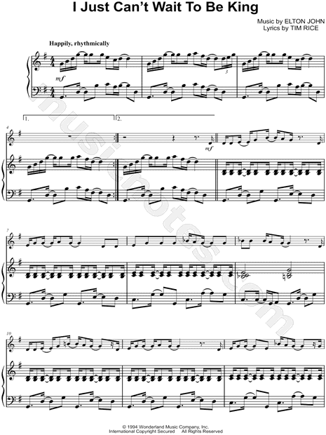 I Just Can T Wait To Be King Piano Accompaniment From The Lion King Sheet Music In G Major Transposable Download Print Sku Mn