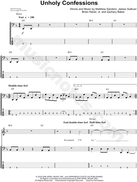 Avenged Sevenfold Unholy Confessions Bass Tab In F Major Download Print Sku Mn0102245